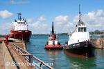 ID 6853 YORK SYME (1961/149grt/IMO 5396090) - built in Adelaide, South Australia, is seen here being assisted from the Babcock Fitzroy drydock in Auckland, New Zealand by the New Plymouth-registered tug MAUI...